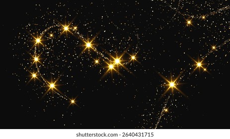 Gold glittering confetti wave and stardust. Backdrop with golden magical sparkles on dark background. Vector illustration