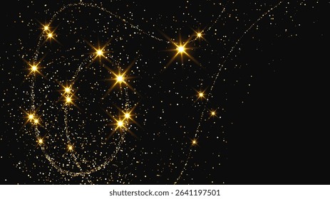 Gold glittering confetti wave and stardust. Backdrop with golden magical sparkles on dark background. Vector illustration