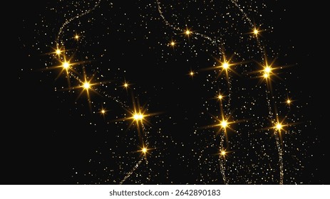 Gold glittering confetti wave and stardust. Backdrop with golden magical sparkles on dark background. Vector illustration