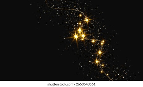 Gold glittering confetti wave and stardust. Backdrop with golden magical sparkles on dark background. Vector illustration
