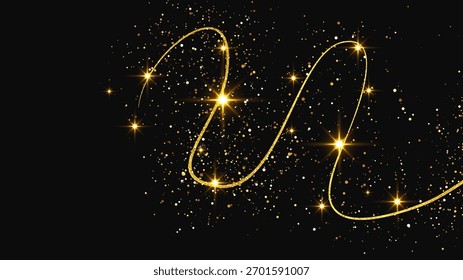 Gold glittering confetti wave and stardust. Backdrop with golden magical sparkles on dark background. Vector illustration
