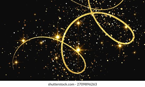 Gold glittering confetti wave and stardust. Backdrop with golden magical sparkles on dark background. Vector illustration