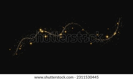 Gold glittering confetti wave and stardust. Golden magical sparkles on dark background. Vector illustration Foto stock © 