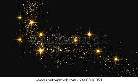 Gold glittering confetti wave and stardust. Set of three backdrops with golden magical sparkles on dark background. Vector illustration Foto stock © 