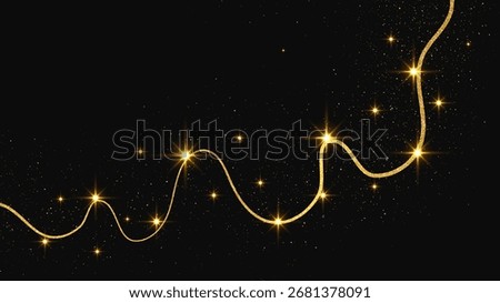 Gold glittering confetti wave and stardust. Backdrop with golden magical sparkles on dark background. Vector illustration