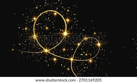 Gold glittering confetti wave and stardust. Backdrop with golden magical sparkles on dark background. Vector illustration