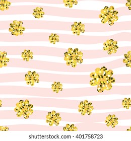 Gold glittering daisies seamless pattern on striped background. Daisy field - stock vector. Vector seamless pattern. 