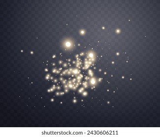 Gold glittering dots, particles, stars magic sparks. Glow flare light effect. Gold luminous points. Vector particles on transparent background. 