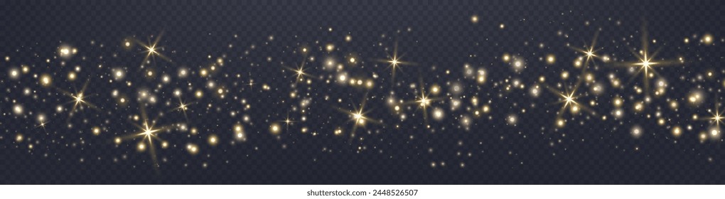 Gold glittering dots, particles, stars magic sparks. Glow flare light effect. Gold luminous points. Vector particles on transparent background. 