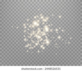 Gold glittering dots, particles, stars magic sparks. Glow flare light effect. Gold luminous points. Vector particles on transparent background. 