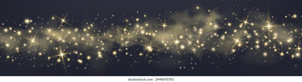 Gold glittering dots, particles, stars magic sparks. Glow flare light effect. Gold luminous points. Vector particles on transparent background. 