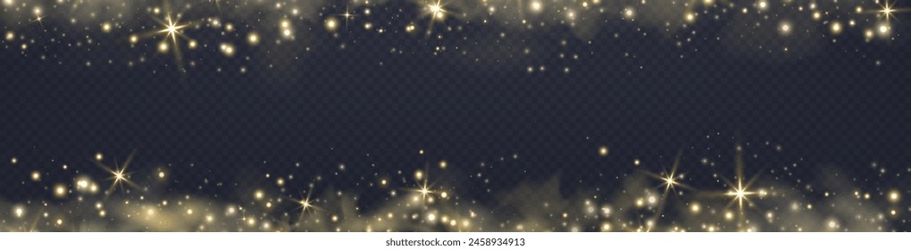 Gold glittering dots, particles, stars magic sparks. Glow flare light effect. Gold luminous points. Vector particles on transparent background. 