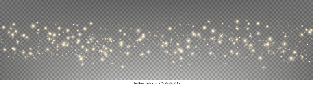 Gold glittering dots, particles, stars magic sparks. Glow flare light effect. Gold luminous points. Vector particles on transparent background. 