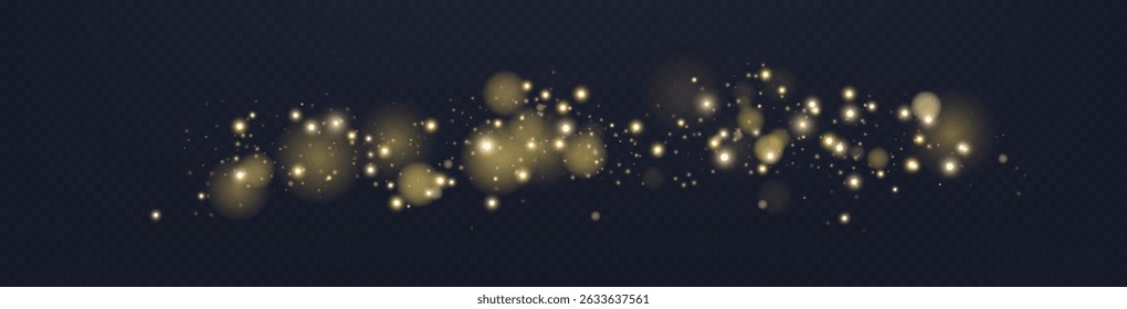 Ouro brilhando pontos, partículas, estrelas faíscas mágicas. Efeito de luz de clarão de brilho. Pontos luminosos dourados. Partículas vetoriais no fundo escuro. 