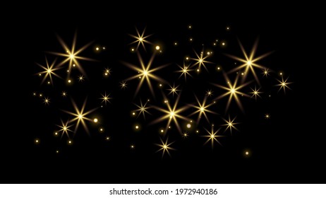 Gold glittering dots, sparkles, particles and stars on a black background.
Abstract light effect. Gold luminous points. Vector illustration.