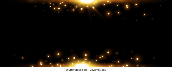 Gold glittering dots, sparkles, particles and stars on a black background. Abstract light effect. Gold luminous points. Vector illustration.