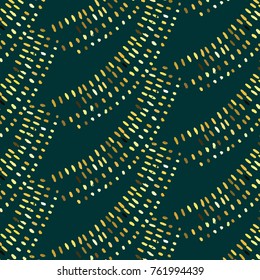 Gold glittering drops on  green background. Modern vector pattern glitter striped wallpaper. Shiny holidays background. Shining metal foil texture. 