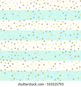 Gold glittering drops on turquoise and white stripes. Seamless vector pattern on striped mint and gold background. Shiny holidays background. Golden glitter pattern. Gold metal foil background. 