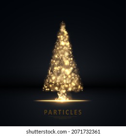 Gold glittering dust lights of Christmas tree. Lights effect particles background. Graphic concept for your design