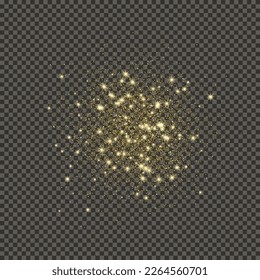 Gold glittering dust on a gray transparent background. Dust with gold glitter effect and empty space for your text.  Vector illustration