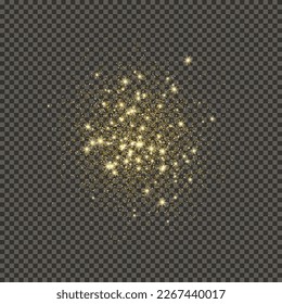 Gold glittering dust on a gray transparent background. Dust with gold glitter effect and empty space for your text.  Vector illustration