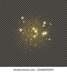 El oro luce polvo sobre un fondo gris transparente. Polvo con efecto de brillo dorado y espacio vacío para tu texto.  Ilustración del vector