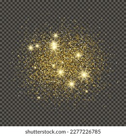 Gold glittering dust on a gray transparent background. Dust with gold glitter effect and empty space for your text.  Vector illustration