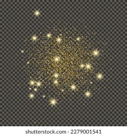 Gold glittering dust on a gray transparent background. Dust with gold glitter effect and empty space for your text.  Vector illustration