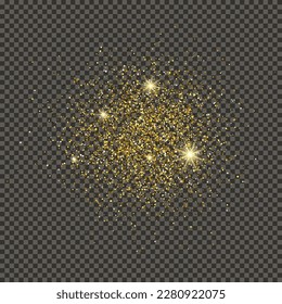 Gold glittering dust on a gray transparent background. Dust with gold glitter effect and empty space for your text.  Vector illustration