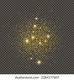 El oro luce polvo sobre un fondo gris transparente. Polvo con efecto de brillo dorado y espacio vacío para tu texto.  Ilustración del vector