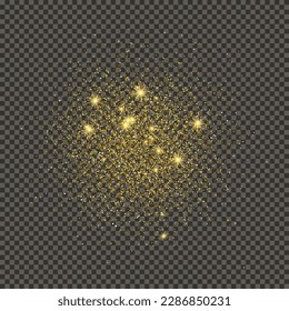 El oro luce polvo sobre un fondo gris transparente. Polvo con efecto de brillo dorado y espacio vacío para tu texto.  Ilustración del vector