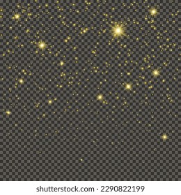 Gold glittering dust on a gray transparent background. Dust with gold glitter effect and empty space for your text.  Vector illustration