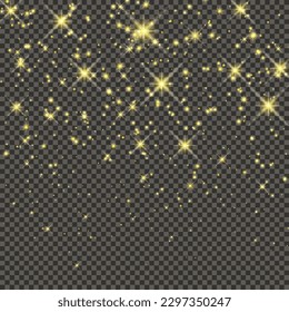 Gold glittering dust on a gray transparent background. Dust with gold glitter effect and empty space for your text.  Vector illustration