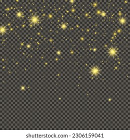 Gold glittering dust on a gray transparent background. Dust with gold glitter effect and empty space for your text.  Vector illustration