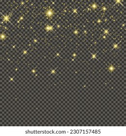 Gold glittering dust on a gray transparent background. Dust with gold glitter effect and empty space for your text.  Vector illustration