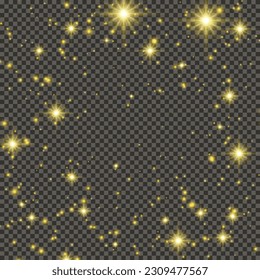 Gold glittering dust on a gray transparent background. Dust with gold glitter effect and empty space for your text.  Vector illustration