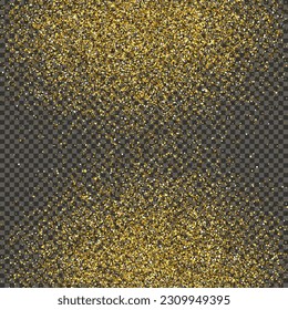 Gold glittering dust on a gray transparent background. Dust with gold glitter effect and empty space for your text.  Vector illustration