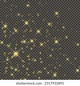 El oro luce polvo sobre un fondo gris transparente. Polvo con efecto de brillo dorado y espacio vacío para tu texto.  Ilustración del vector