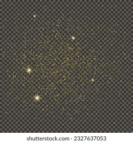 Gold glittering dust on a gray transparent background. Dust with gold glitter effect and empty space for your text.  Vector illustration