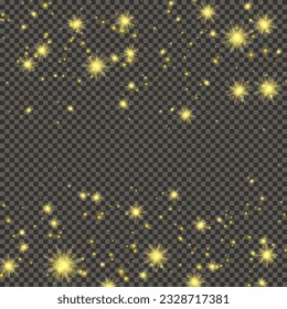 Gold glittering dust on a gray transparent background. Dust with gold glitter effect and empty space for your text.  Vector illustration