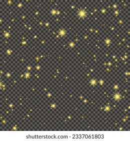 Gold glittering dust on a gray transparent background. Dust with gold glitter effect and empty space for your text.  Vector illustration