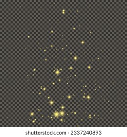 Gold glittering dust on a gray transparent background. Dust with gold glitter effect and empty space for your text.  Vector illustration