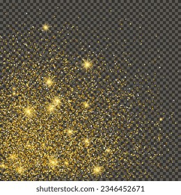 Gold glittering dust on a gray transparent background. Dust with gold glitter effect and empty space for your text.  Vector illustration