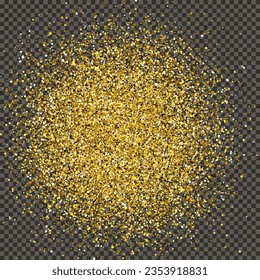 Gold glittering dust on a gray transparent background. Dust with gold glitter effect and empty space for your text.  Vector illustration