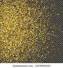 Gold glittering dust on a gray transparent background. Dust with gold glitter effect and empty space for your text.  Vector illustration