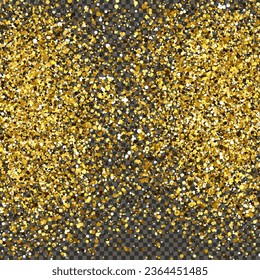 Gold glittering dust on a gray transparent background. Dust with gold glitter effect and empty space for your text.  Vector illustration