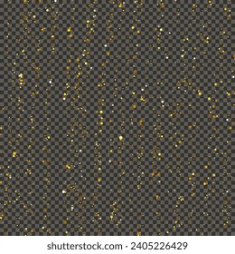 Gold glittering dust on a gray transparent background. Dust with gold glitter effect and empty space for your text.  Vector illustration