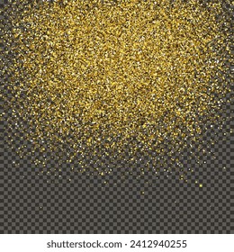 Gold glittering dust on a gray transparent background. Dust with gold glitter effect and empty space for your text.  Vector illustration