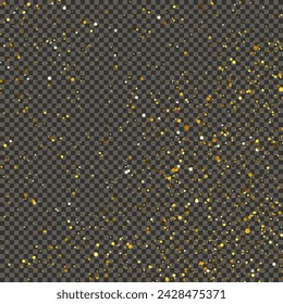 Gold glittering dust on a gray transparent background. Dust with gold glitter effect and empty space for your text.  Vector illustration