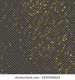 Gold glitzernder Staub auf einem grauen transparenten Hintergrund. Staub mit Goldglitzer-Effekt und leerem Raum für Ihren Text.  Vektorgrafik